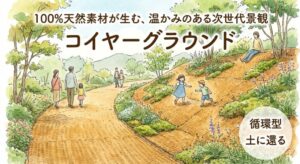 コイヤーグラウンドの景観。家族連れや子供たちが遊んでおり、自然豊かな雰囲気。