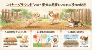 コイヤーグラウンド®の3つの特徴（クッション性、温度、透水性）を説明するイラストと犬の絵